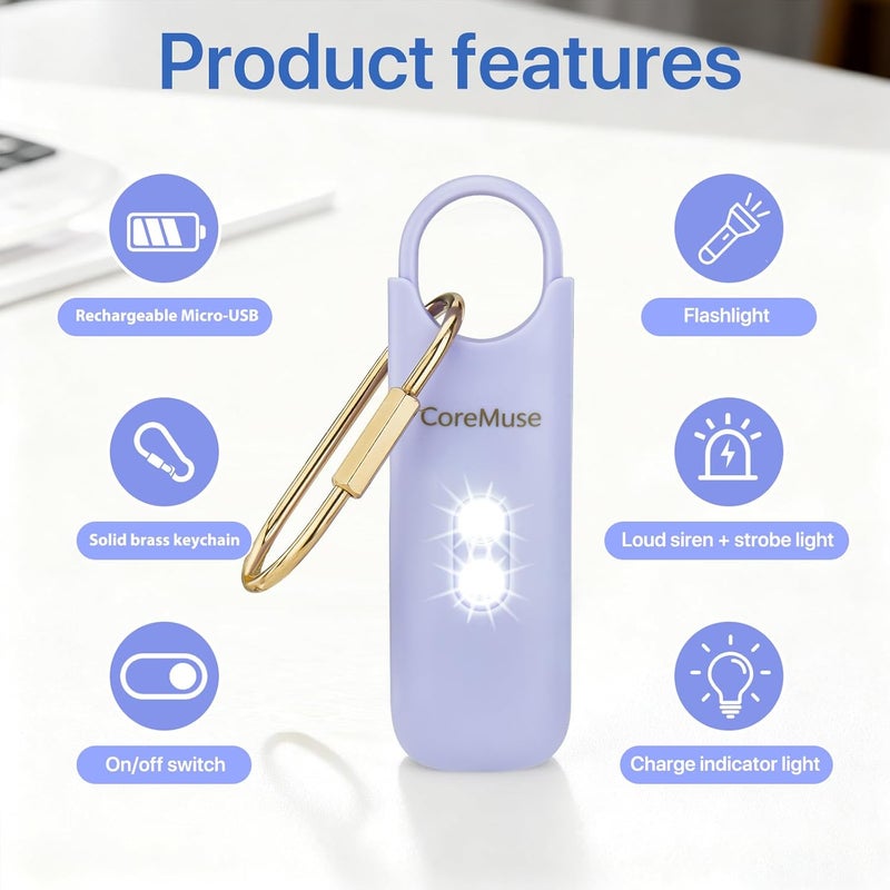 CoreMuse Personal Safety Alarm for Women – Panic Button 130dB Siren with Dual LED Strobe Flashlight, Rechargeable Self Defense Keychain for Night Walking, Campus, Travel Gifts for Women (Violet) - Image 4